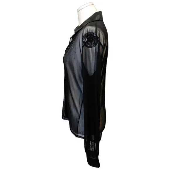The Limited Black Mesh Beaded Blouse Sheer Button Up Gothic Whimsygoth XL - Picture 7 of 12